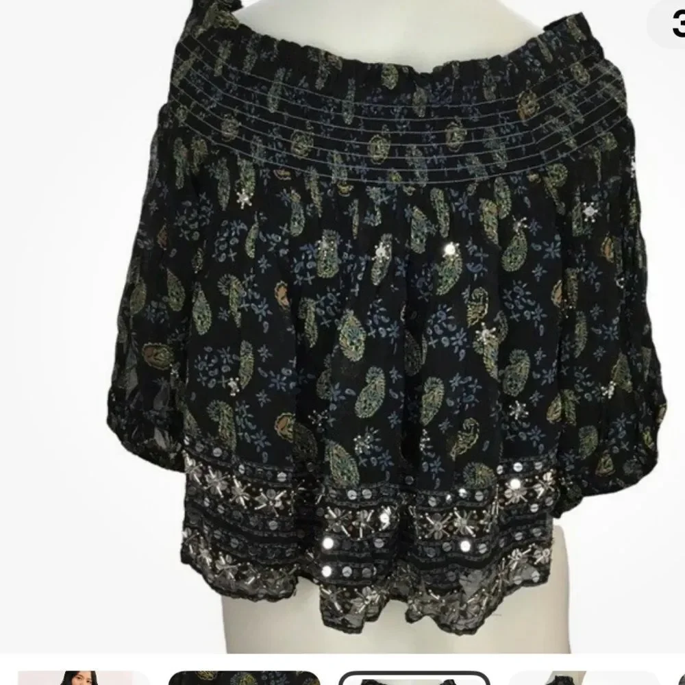 Free People Age Of Aquarius Embellished Boho Off Shoulder Peasant Blouse XS